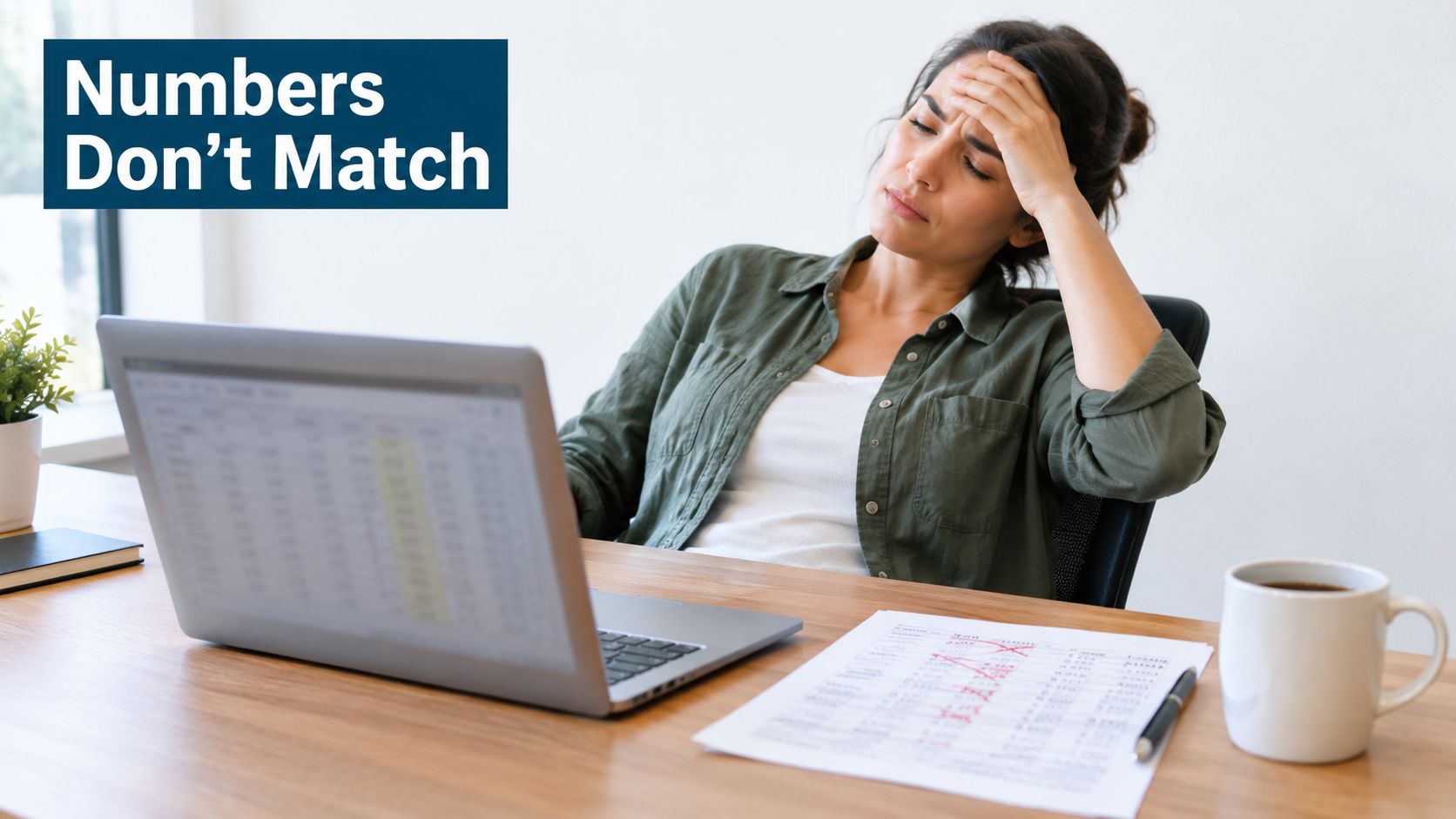 A woman looks frustrated while working on a laptop with financial documents and a coffee mug.