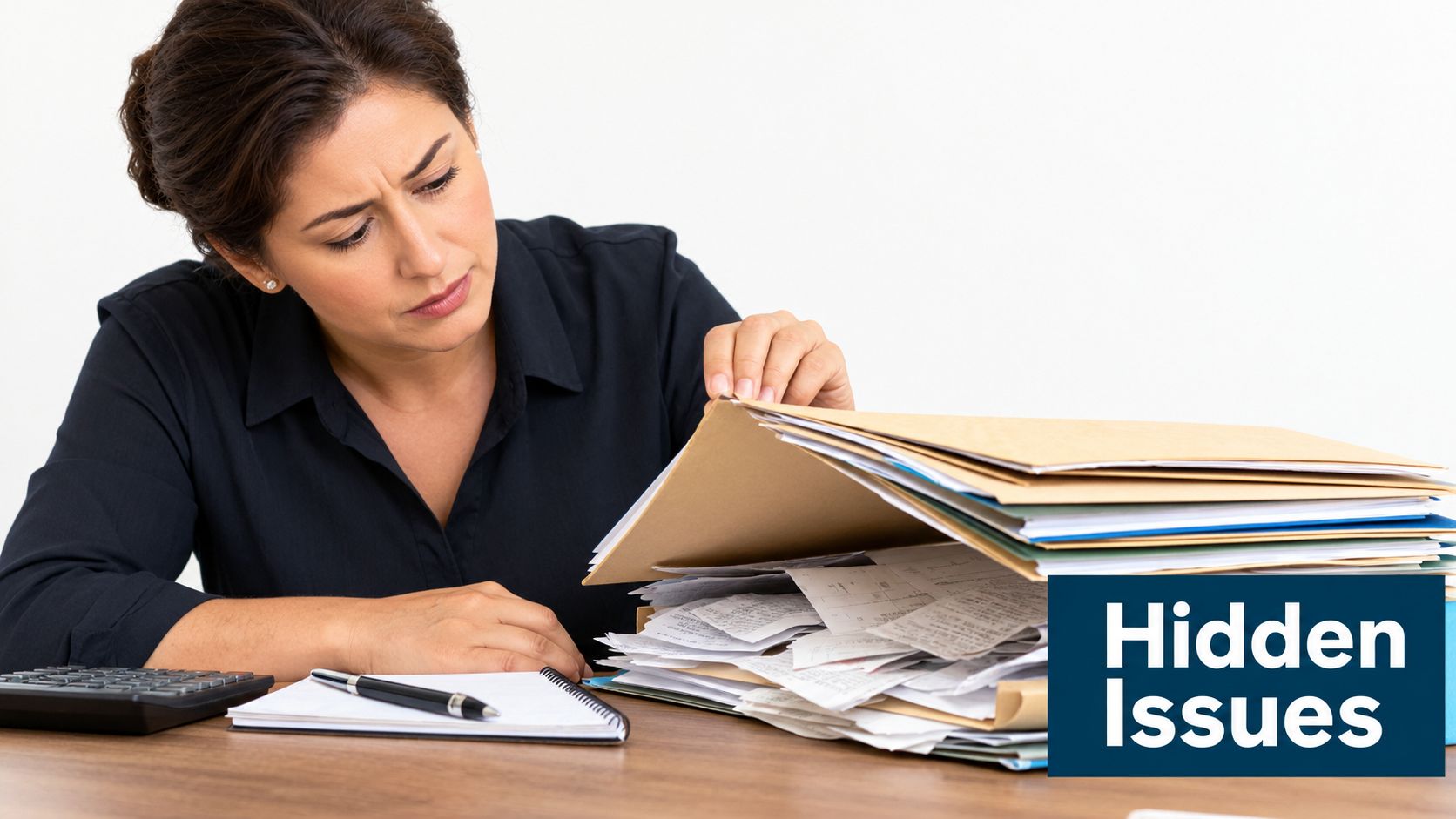 A concerned woman sitting at a desk reviewing a large, disorganized stack of financial documents and receipts.