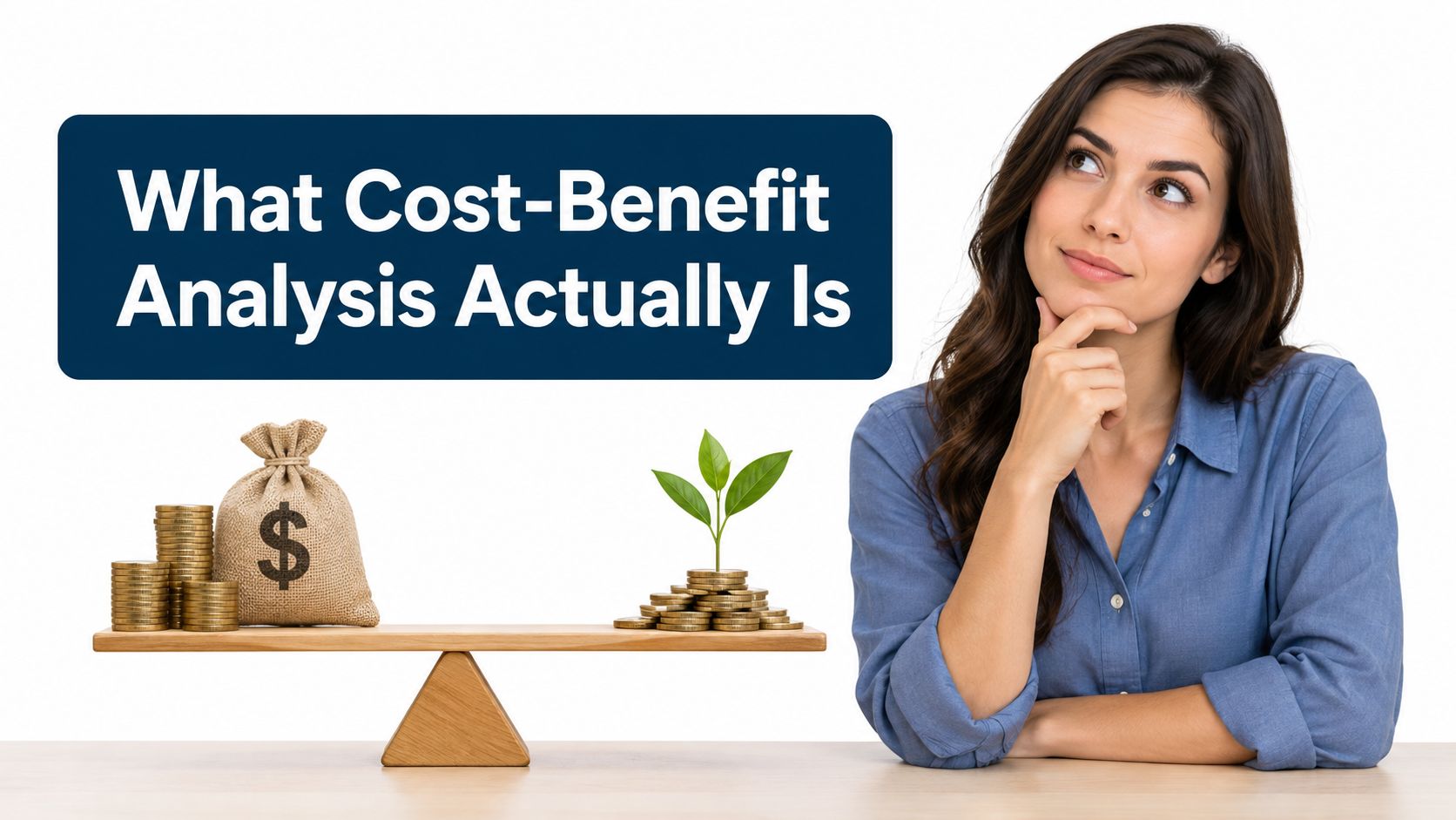 A woman looks thoughtful next to a balance scale featuring a money bag and a growing plant.