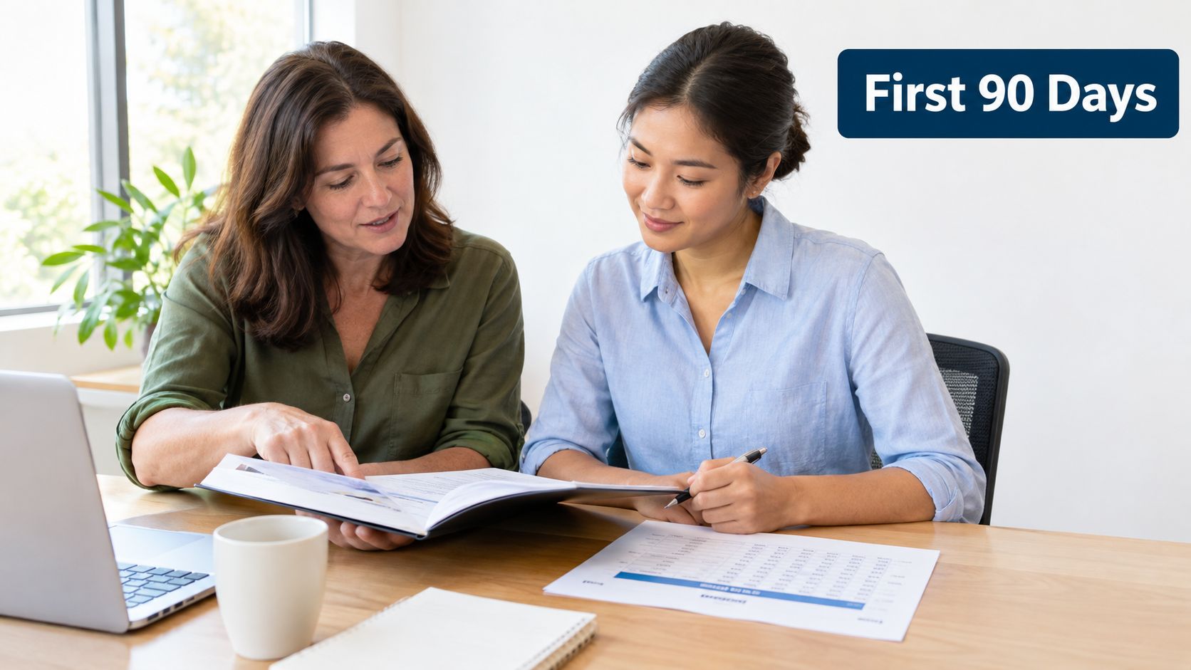 A professional mentor and mentee reviewing business documents together during a productive office meeting.