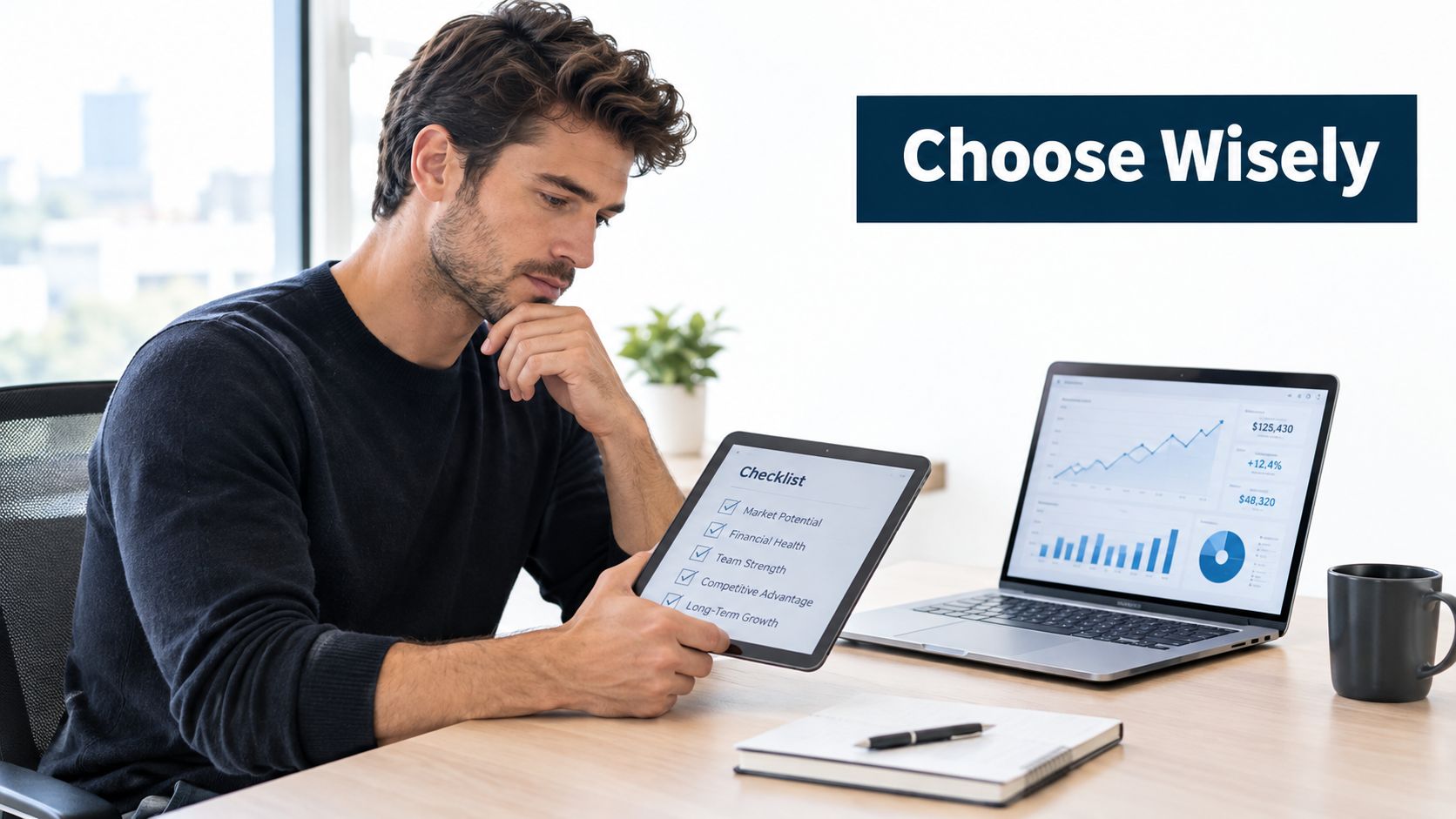 A professional man reviewing a business checklist on a tablet while sitting at his desk with a laptop.