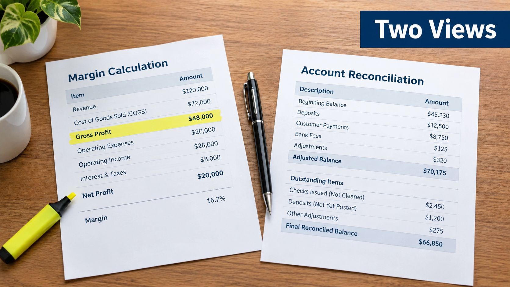 Financial documents showing a margin calculation and account reconciliation on a wooden office desk next to a pen.